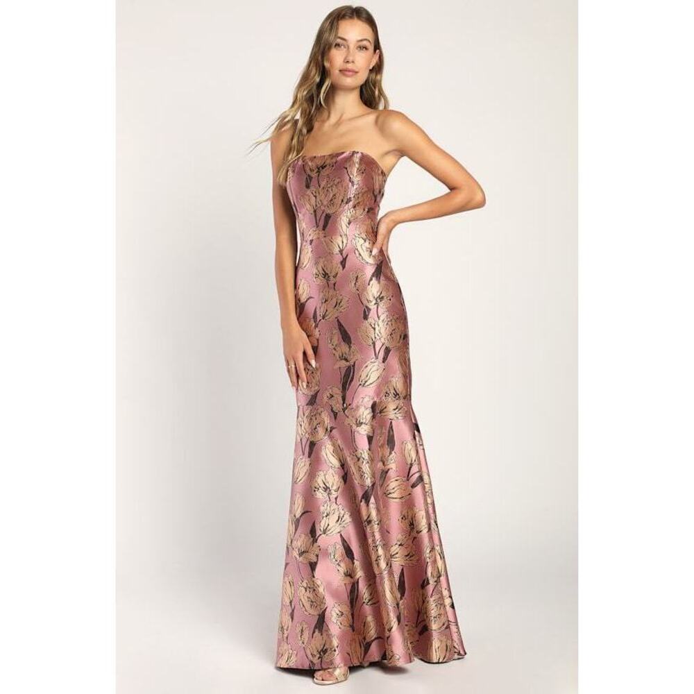 Lulus Gowning Around Mauve Floral Jacquard Strapless Maxi Dress Purple - Size XS
